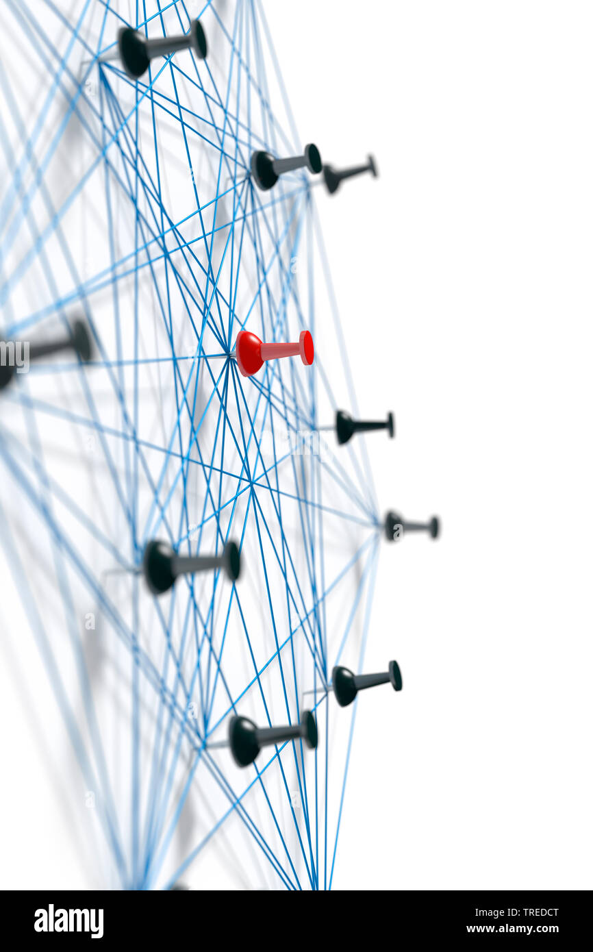 Pins connected with blue twines, symbolizing a network structure Stock Photo