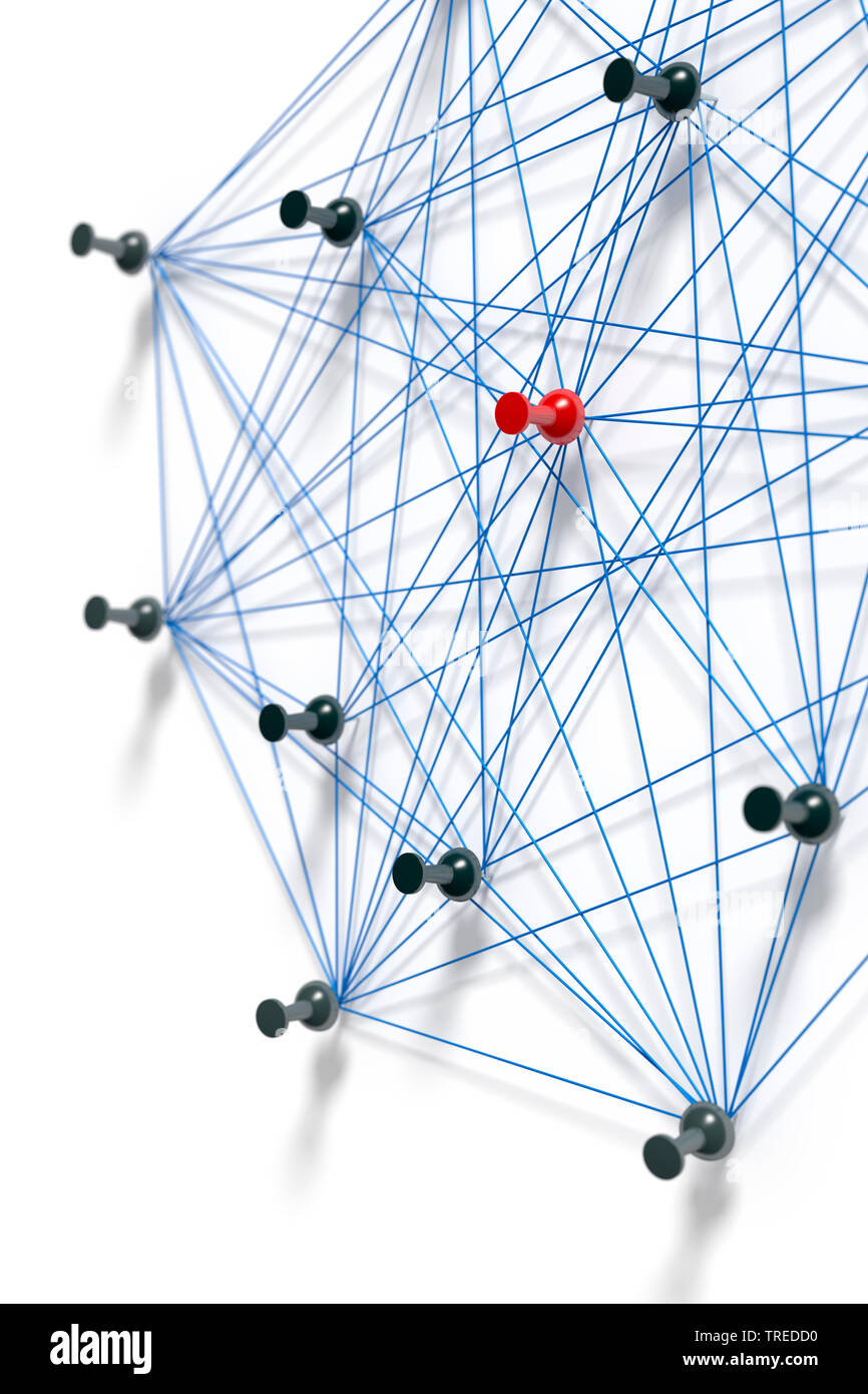 Pins connected with blue twines, symbolizing a network structure Stock Photo