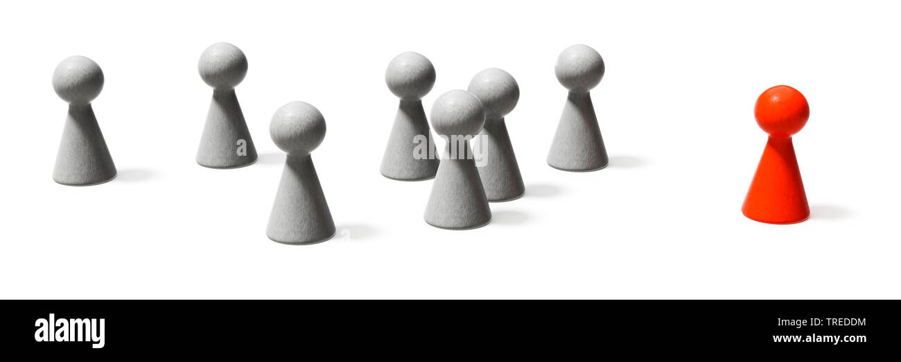 Number of grey pawns positioned opposite a red pawn - leadership Stock Photo