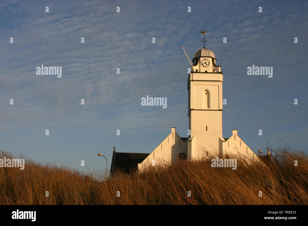 steeple of the White church in Katwijk, St Andreas Church, Netherlands, Katwijk Stock Photo