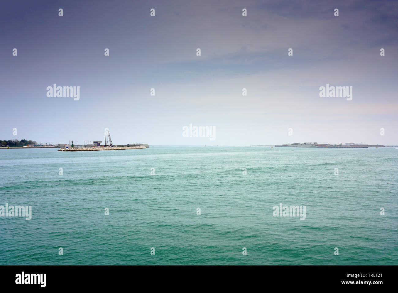 VENICE, ITALY -10 APR 2019- View of the MOSE (MOdulo Sperimentale Elettromeccanico, Experimental Electromechanical Module) infrastructure project in t Stock Photo