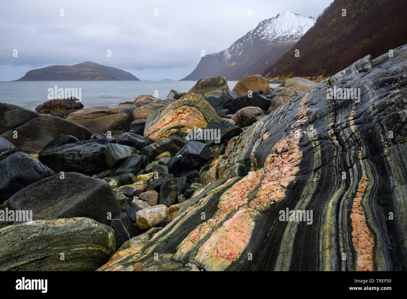 colorful rocks at the Norwegian Coast, Norway Stock Photo