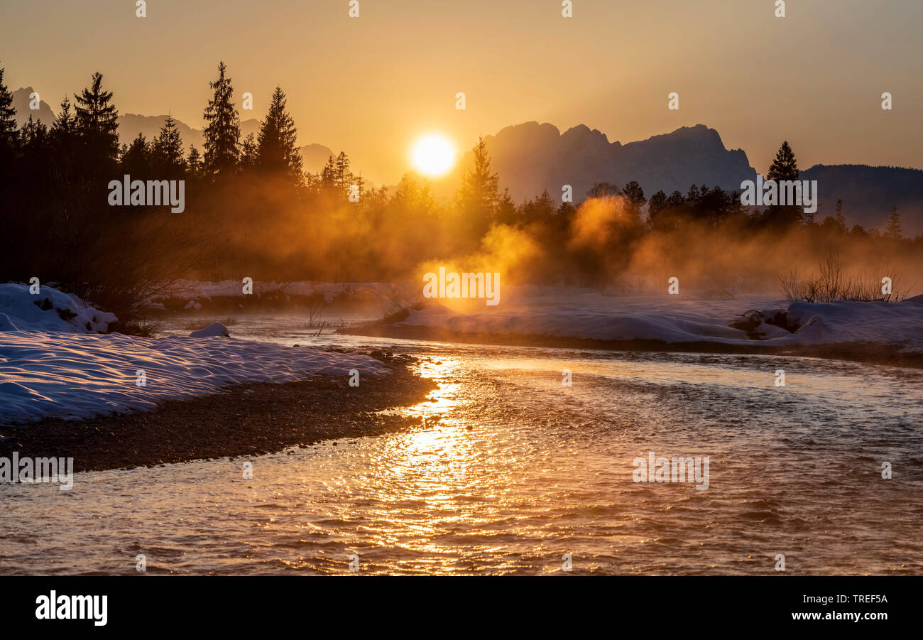 Isar with Zugspitze and Wetterstein at sunset, Germany, Bavaria Stock Photo