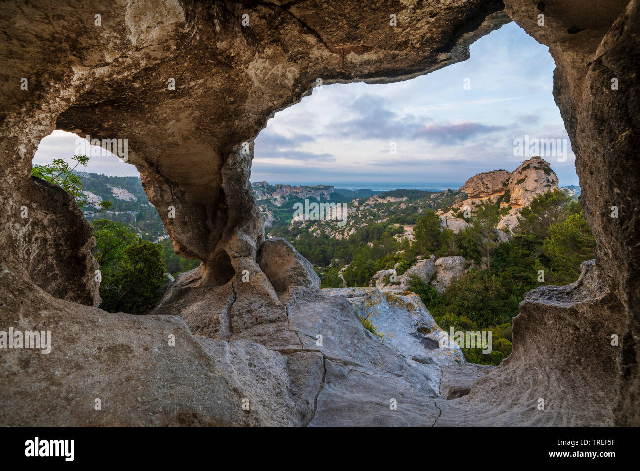 cave with view onto Les Baux-de-Provence , France, Provence, Les Baux-de-Provence Stock Photo