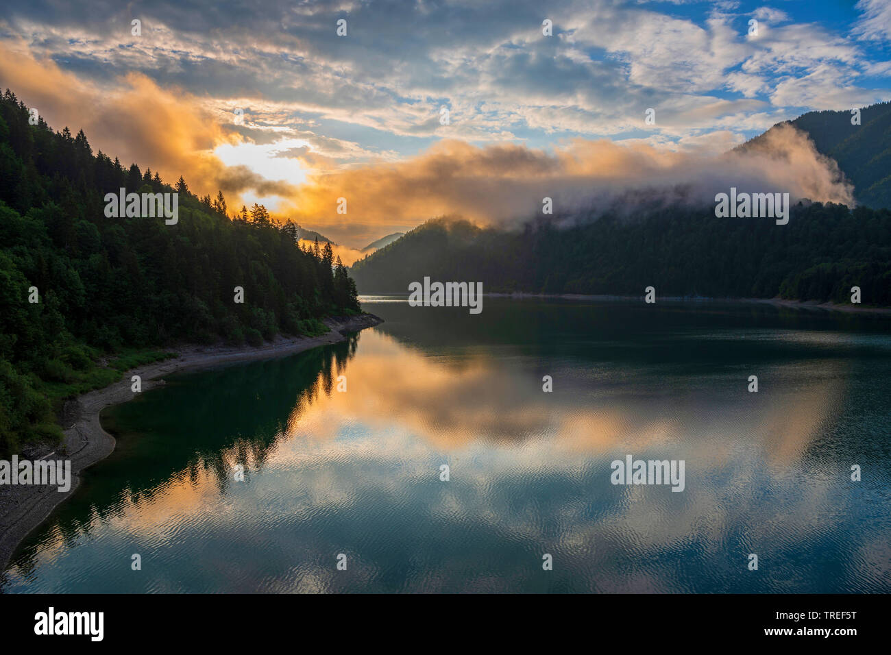 Lake Sylvenstein at sunrise, Germany, Bavaria, Karwendel Mountains Stock Photo
