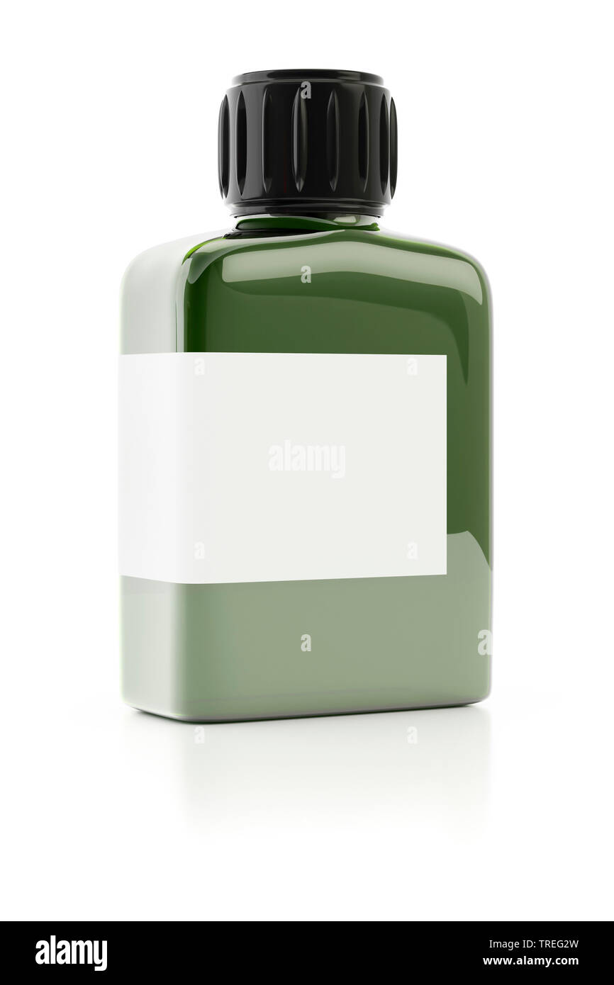 3D computer graphic, transparent plastic bottle filled with olive-green paint against white background Stock Photo