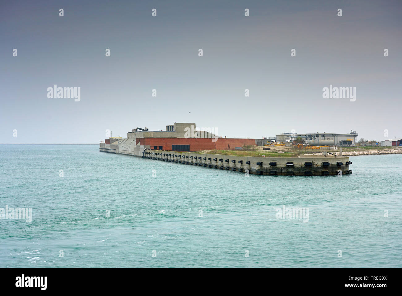 VENICE, ITALY -10 APR 2019- View of the MOSE (MOdulo Sperimentale Elettromeccanico, Experimental Electromechanical Module) infrastructure project in t Stock Photo