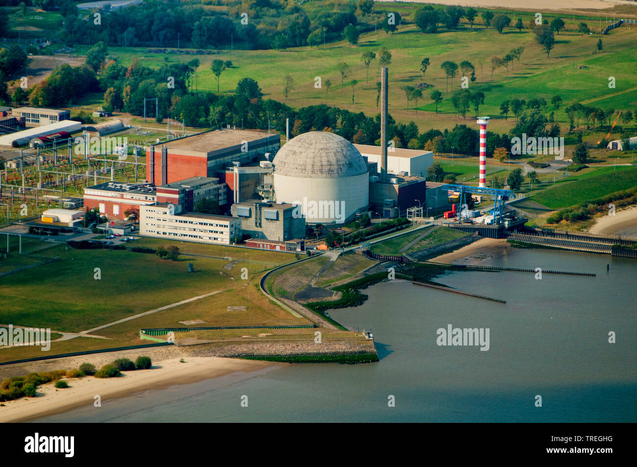 nuclear power station Stade at river Elbe, aerial picture, Germany, Lower Saxony Stock Photo