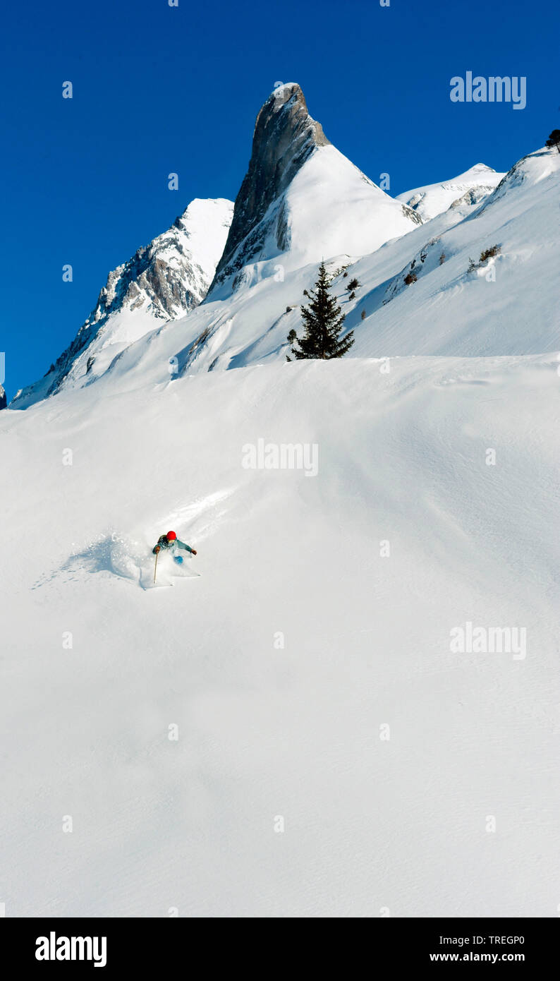 Off piste in the ski resort of Pralognan, mountain Aiguille de la Vanoise in the background, France, Savoie, Vanoise National Park Stock Photo