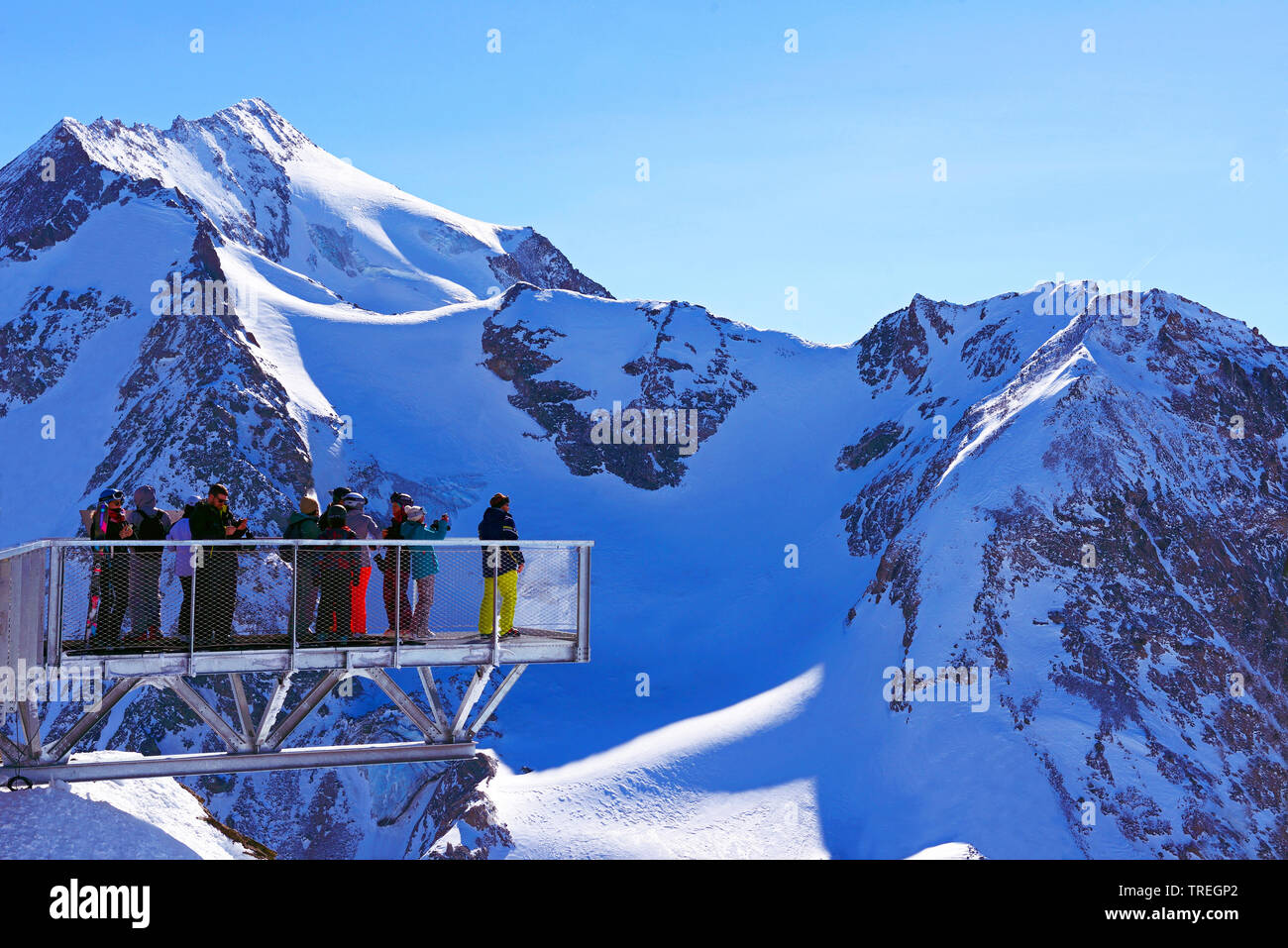 Panoramic bridge on the top of Aiguille Rouge summit ( 3200 m ) on the ski resort of Les Arcs in Tarentaise valley, France, Savoie Stock Photo