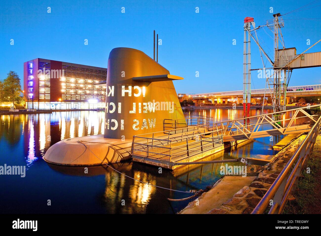 artwork submarine at the Museum Kueppersmuehle in the evening, Germany, North Rhine-Westphalia, Ruhr Area, Duisburg Stock Photo