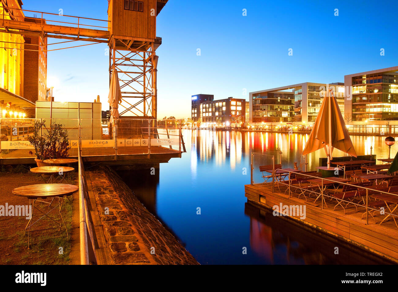 inner harbour of Duisburg in the evening, Germany, North Rhine-Westphalia, Ruhr Area, Duisburg Stock Photo