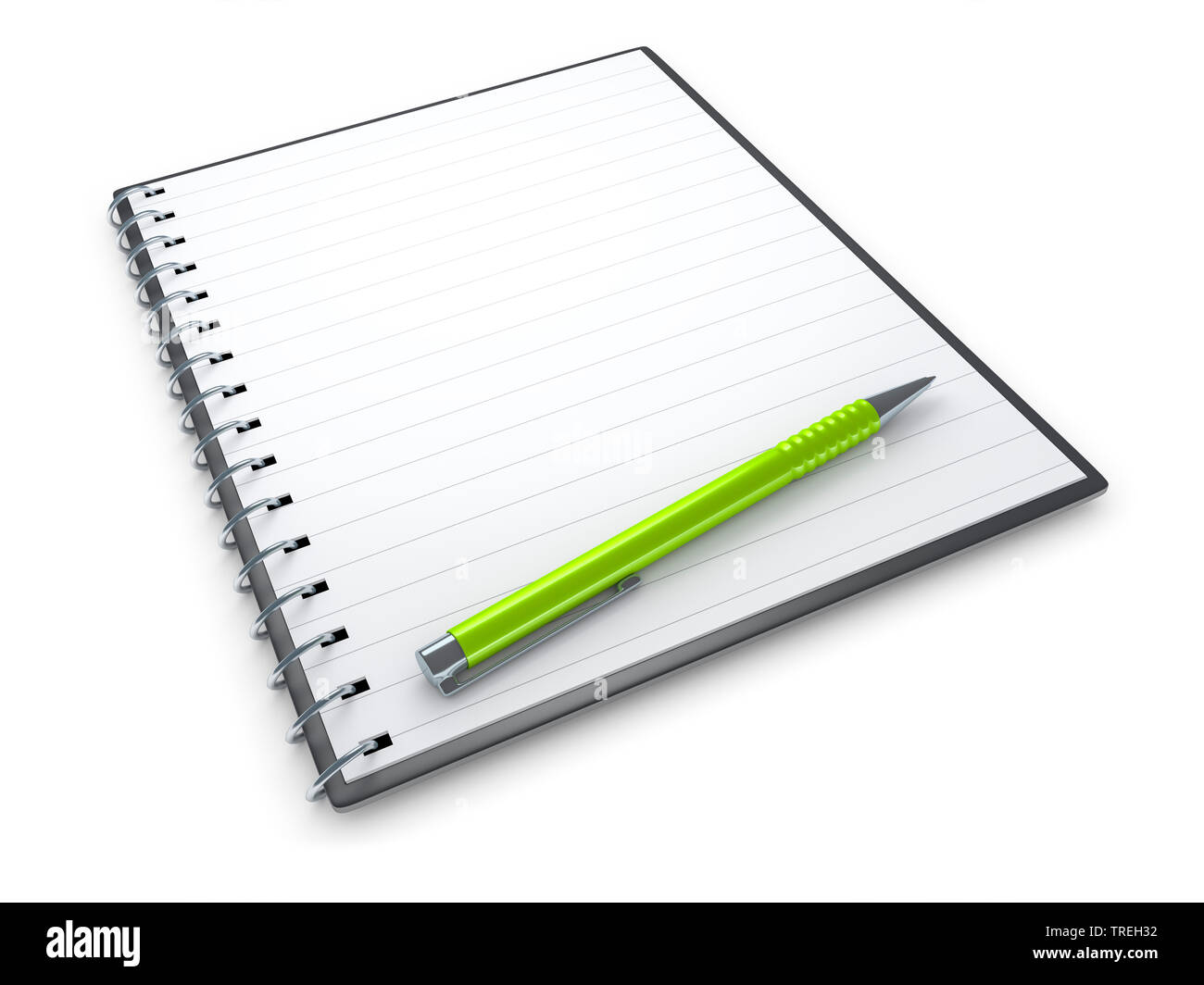 3D computer graphic, pen on top of an empty white spiral writing pad against white background, Europe Stock Photo