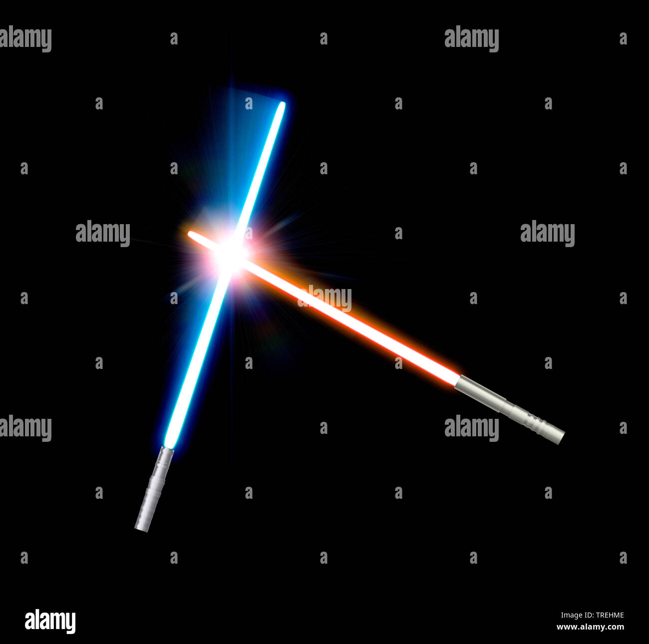 3D computer graphic, two crossed lightsabers against black background