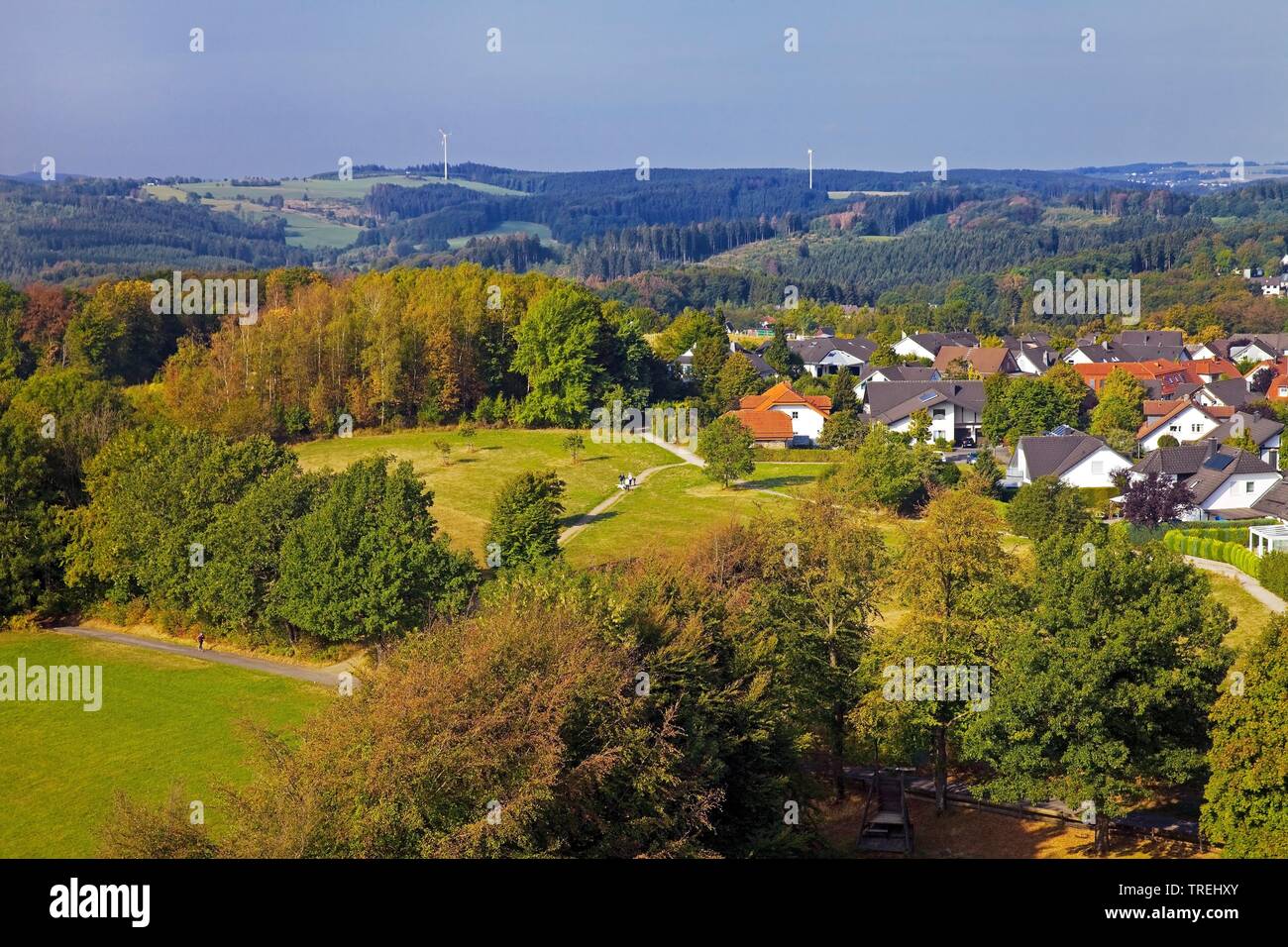 aerial view of a settlement in low mountain range, Germany, North Rhine-Westphalia, Sauerland, Meinerzhagen Stock Photo