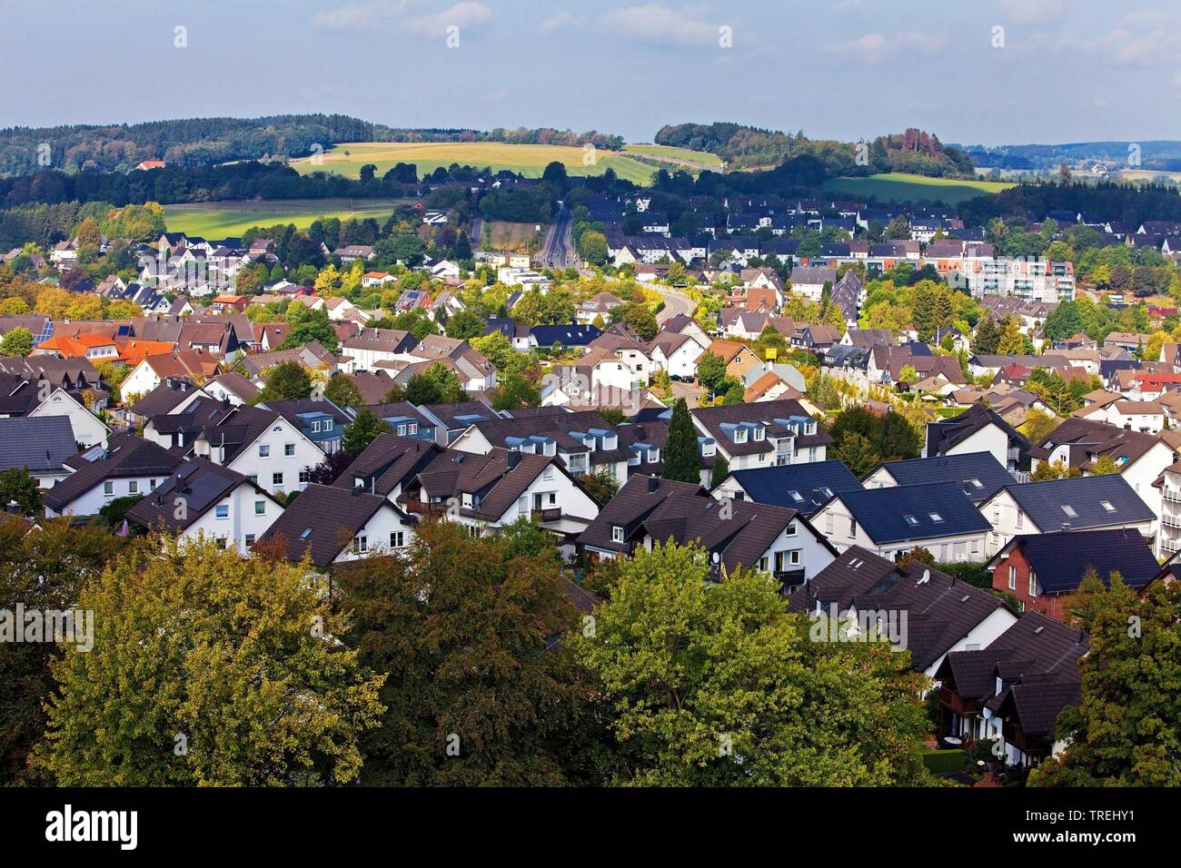 aerial view of a settlement, Germany, North Rhine-Westphalia, Sauerland, Meinerzhagen Stock Photo