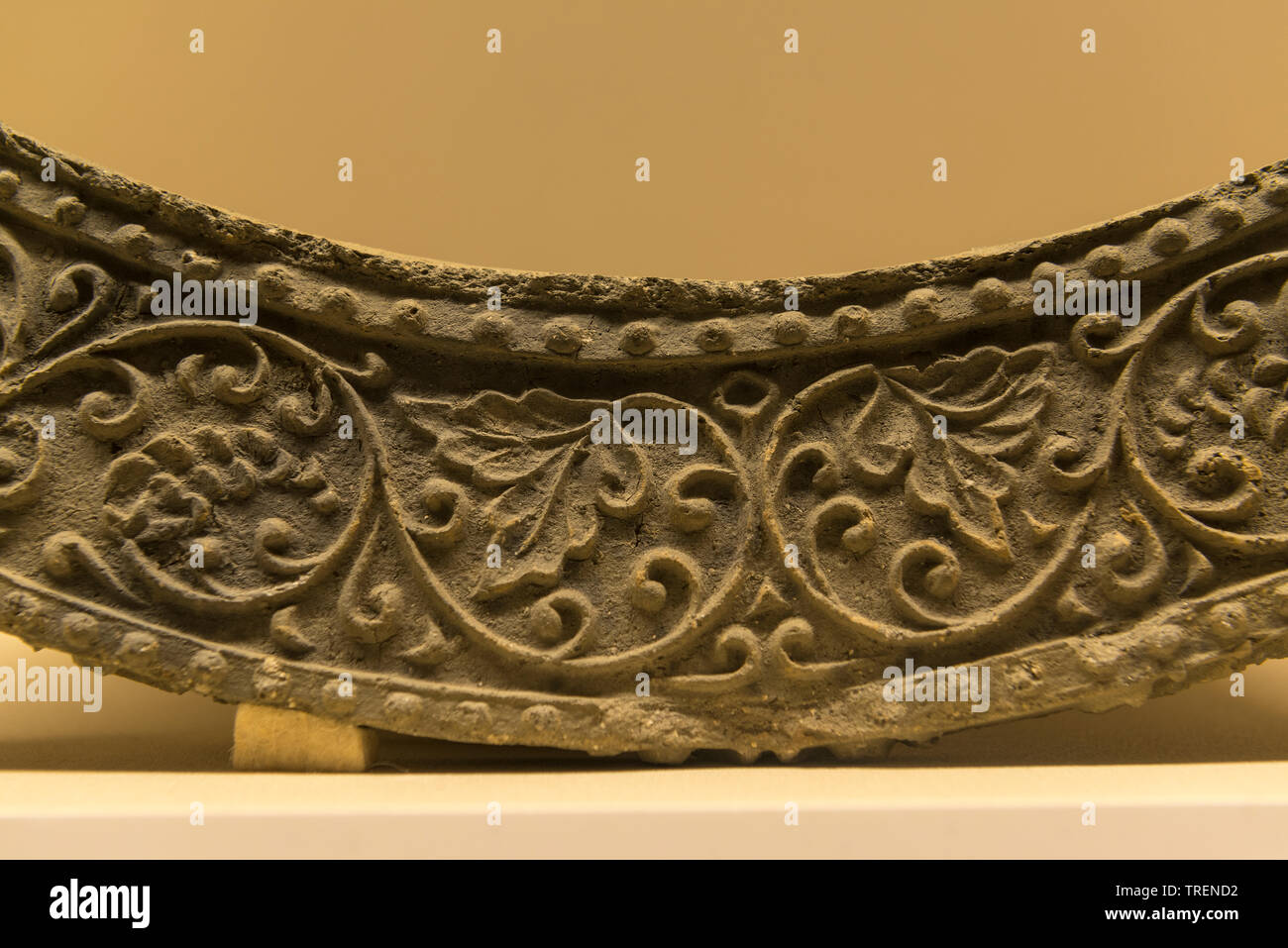 Concave Roof-end Tile with Grapevine Design. Clay. Unified Silla Period. Wolji Pond, Gyeongju, North Gyeongsang-do province. National Museum of Korea Stock Photo