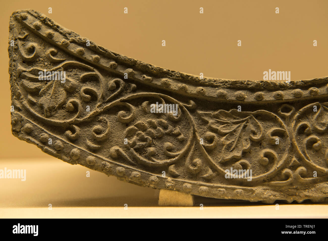 Concave Roof-end Tile with Grapevine Design. Clay. Unified Silla Period. Wolji Pond, Gyeongju, North Gyeongsang-do province. National Museum of Korea Stock Photo