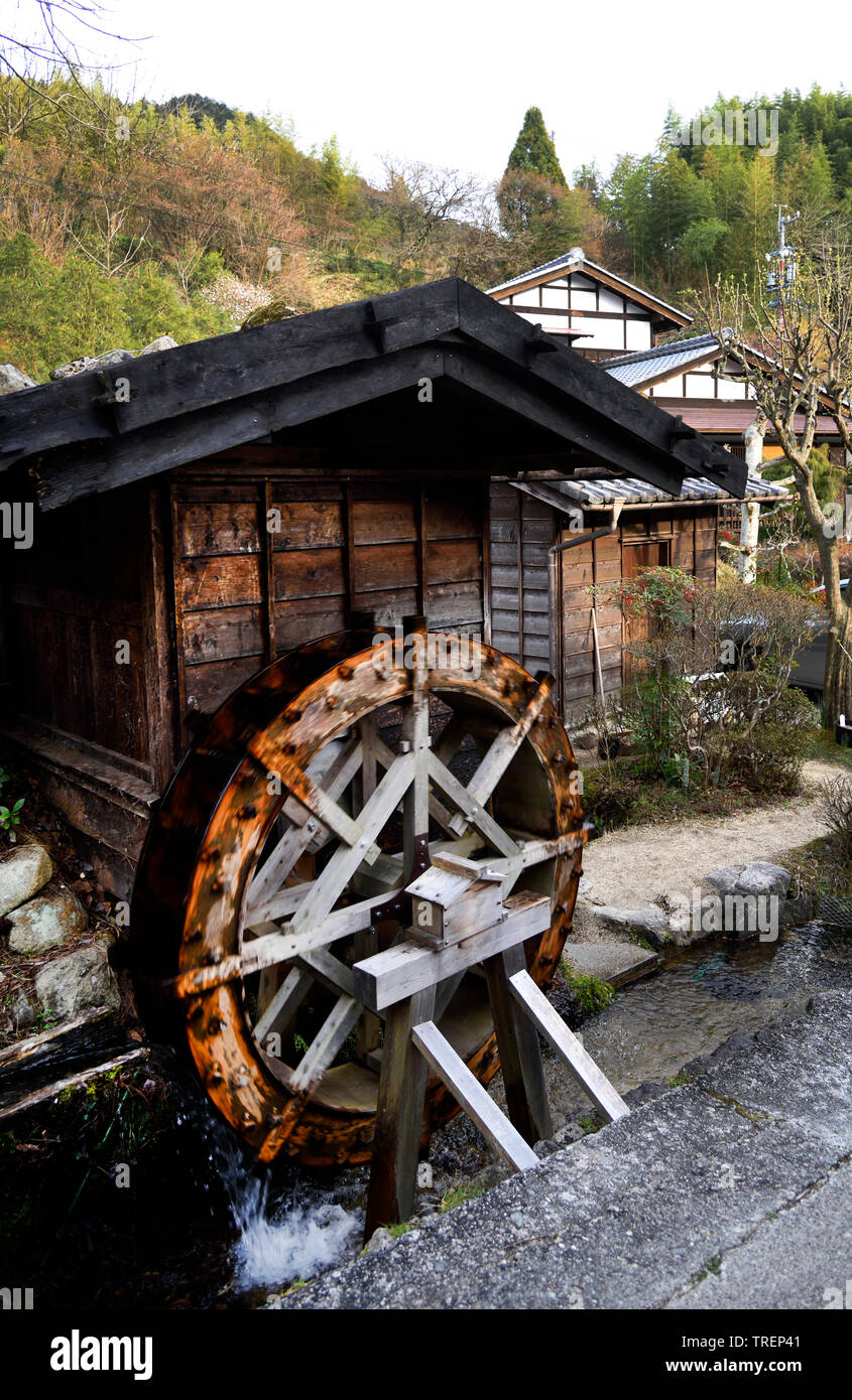 water wheel Tsumago Village Japan Stock Photo
