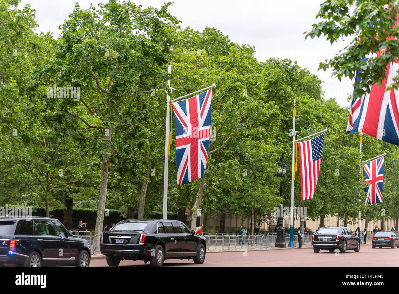 US President Donald Trump is driven from St. James's Palace down The Mall, London, UK to No.10 Downing Street to meet with Theresa May. He travelled in the second 'Beast' within the motorcade Stock Photo