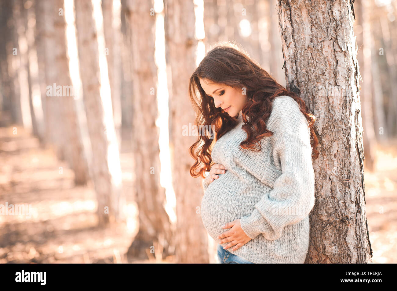 Smiling stylish pregnant woman 30-34 year old wearing knitted sweater in park. Autumn season. Stock Photo