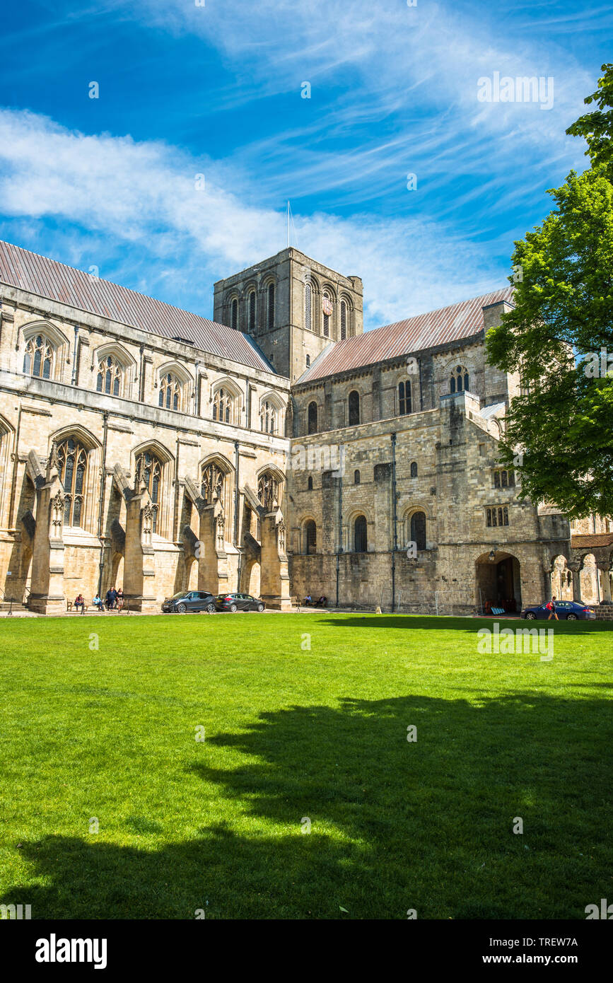 Cathedral close with the Cathedral to the rear. Winchester, Hampshire, England, UK. Stock Photo