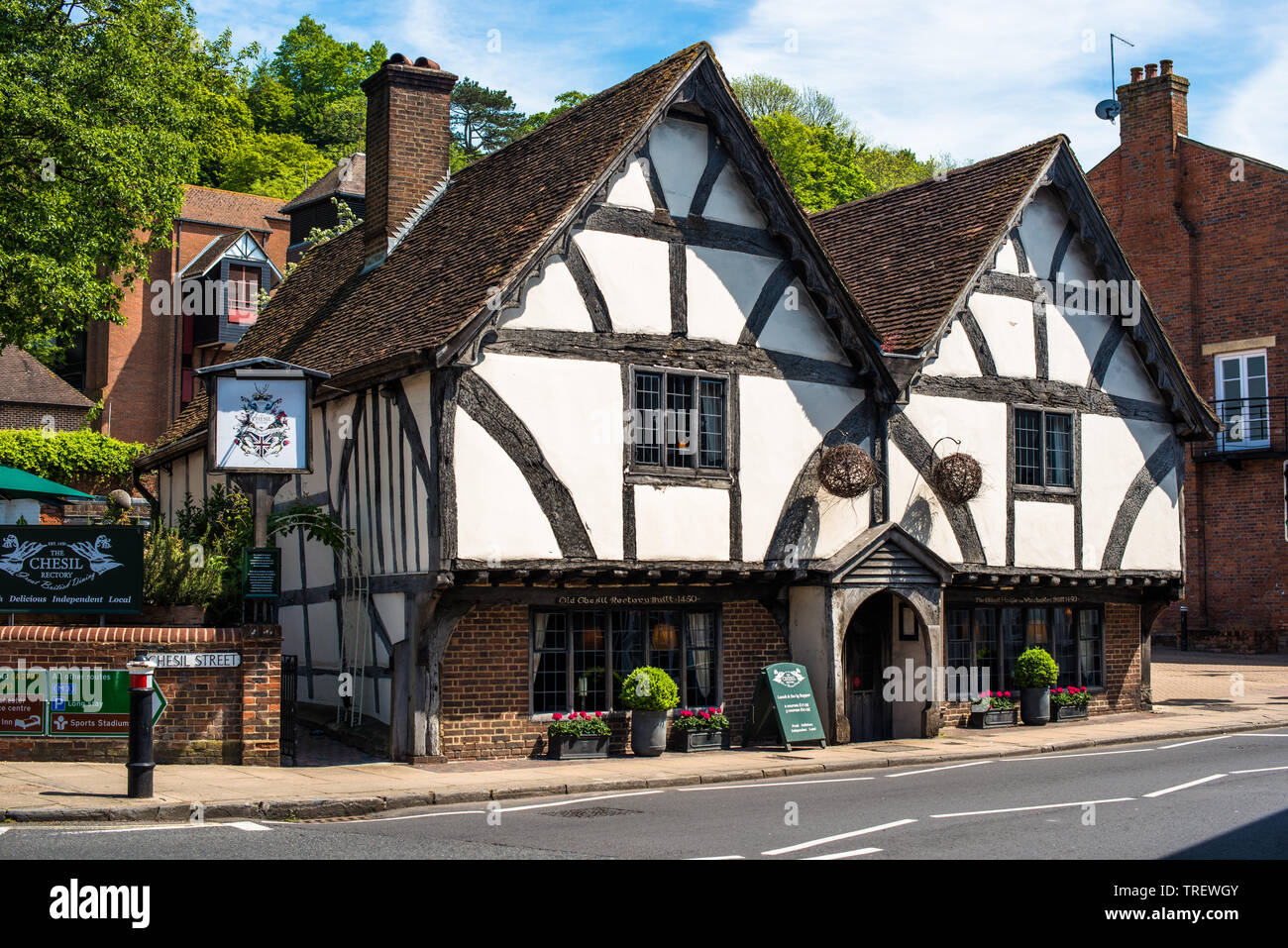 The Old Cheil Rectory built in 1450 is a medieval half timbered building now housing a restaurant in Winchester, Hampshire, England, UK. Stock Photo