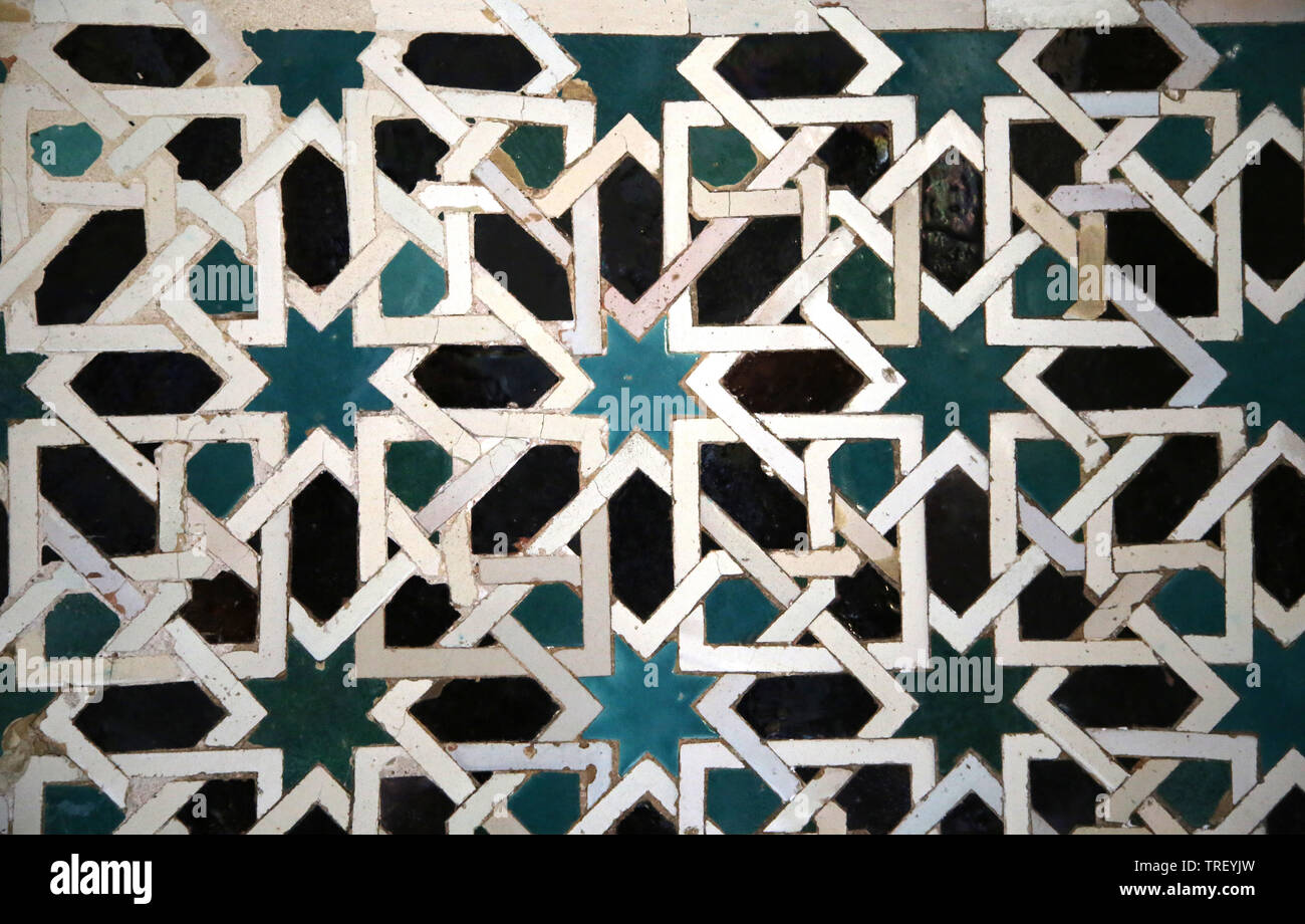 Spain. Seville. Royal Alcazar. Geometric patterns on ceramic tiles. Stock Photo