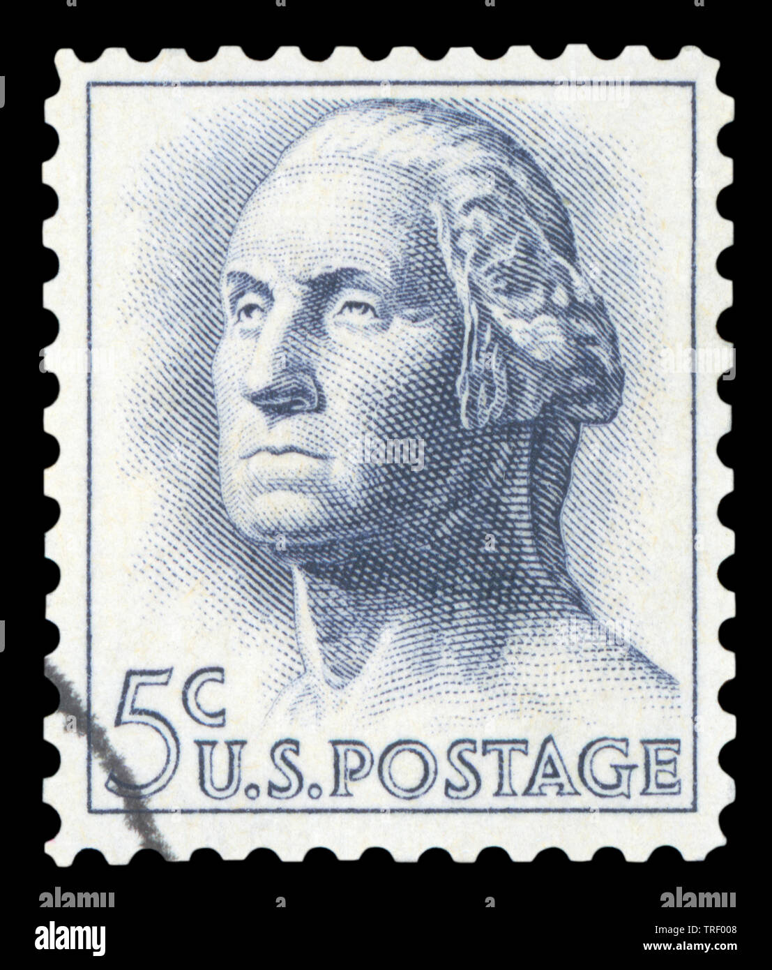 UNITED STATES OF AMERICA - CIRCA 1962: post stamp printed in US (USA) shows 1st president George Washington; Scott 1213 A650 5c blue gray; circa 1962. Stock Photo