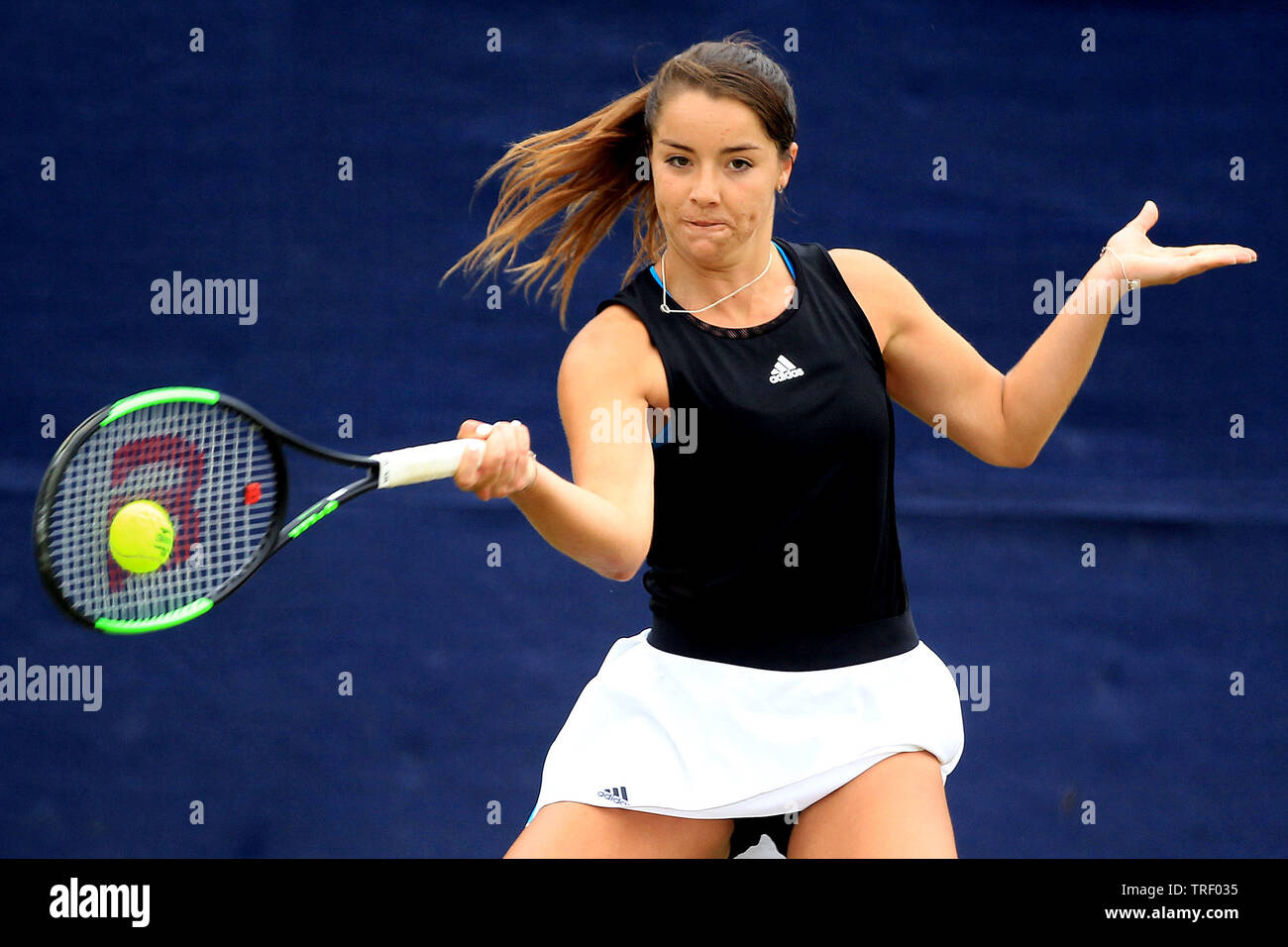 Surbiton, UK. 04th June, 2019. Jodie Anna Burrage of Great Britain in  action against Vera Lapko of Belarus in the ladies singles. Surbiton Trophy  tennis 2019, day two at the Surbiton Racket