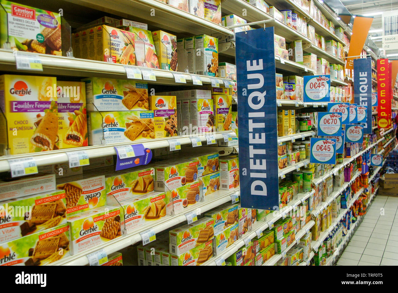 Auchan Hypermarket, diet products department, Ecully, France Stock Photo