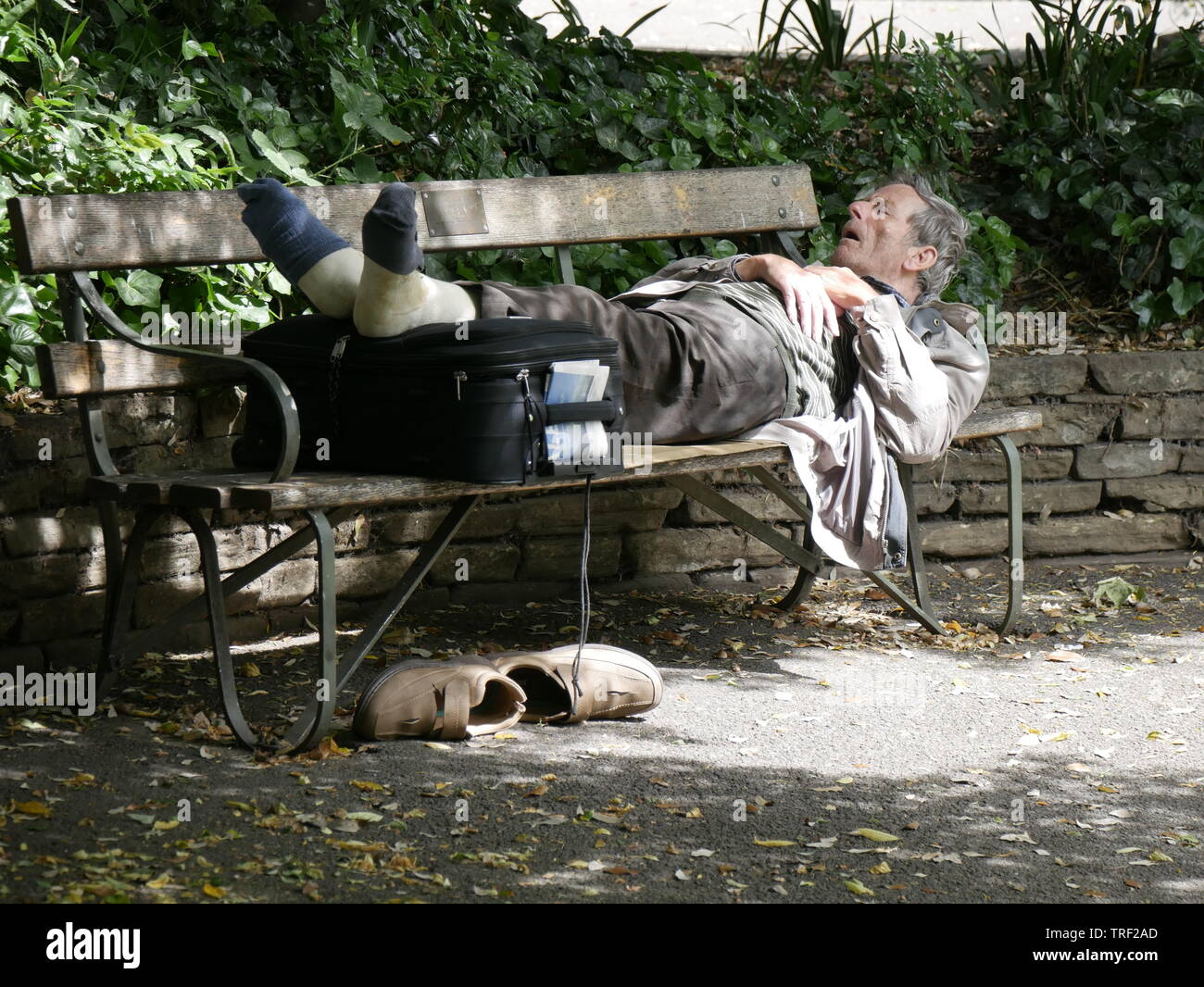 Elderly man sleeping on a park bench on a sunny morning in June Stock Photo