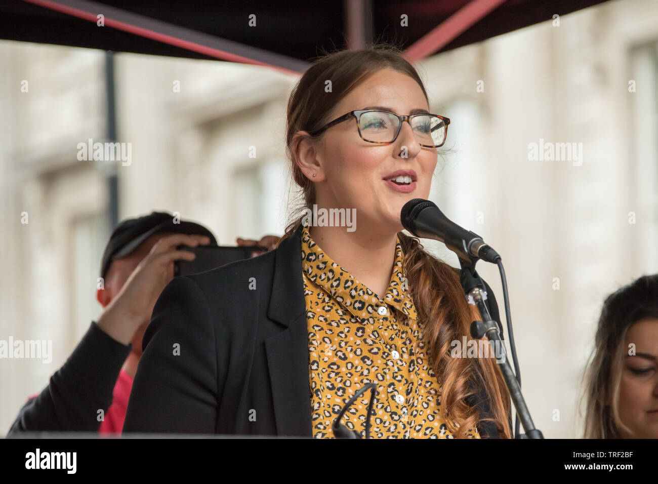 4 June ,2019.. London,UK. Laura Pidcock, Labour MP  addresses the crowd on Whitehall. Tens of Thousands protest in Central London in a National demonstration against US President Donald Trumps State visit to the UK. Protesters rallied in Trafalgar Square before marching down Whitehall to Downing Street, where Trump was meeting UK Prime Minister Theresa May. David Rowe/Alamy Live News. Stock Photo