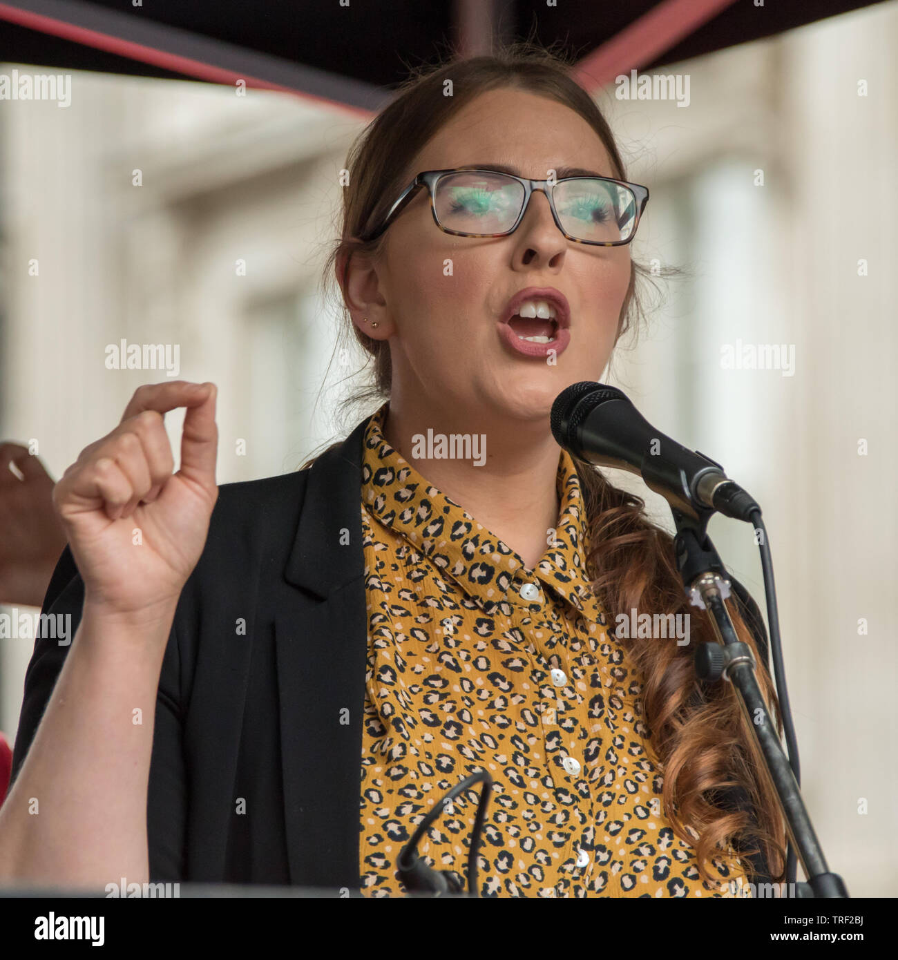 4 June ,2019.. London,UK. Laura Pidcock, Labour MP  addresses the crowd on Whitehall. Tens of Thousands protest in Central London in a National demonstration against US President Donald Trumps State visit to the UK. Protesters rallied in Trafalgar Square before marching down Whitehall to Downing Street, where Trump was meeting UK Prime Minister Theresa May. David Rowe/Alamy Live News. Stock Photo