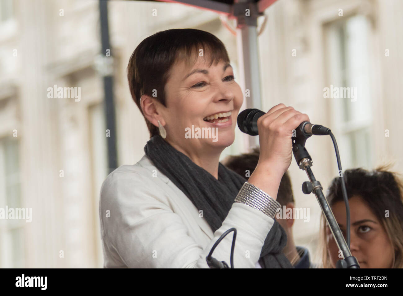 4 June ,2019.. London,UK. Caroline Lucas, Green Party MP addresses the crowd on Whitehall. Tens of Thousands protest in Central London in a National demonstration against US President Donald Trumps State visit to the UK. Protesters rallied in Trafalgar Square before marching down Whitehall to Downing Street, where Trump was meeting UK Prime Minister Theresa May. David Rowe/Alamy Live News. Stock Photo