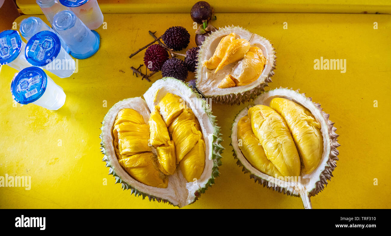 Tropical fruit durian sliced ready to be eaten. Stock Photo