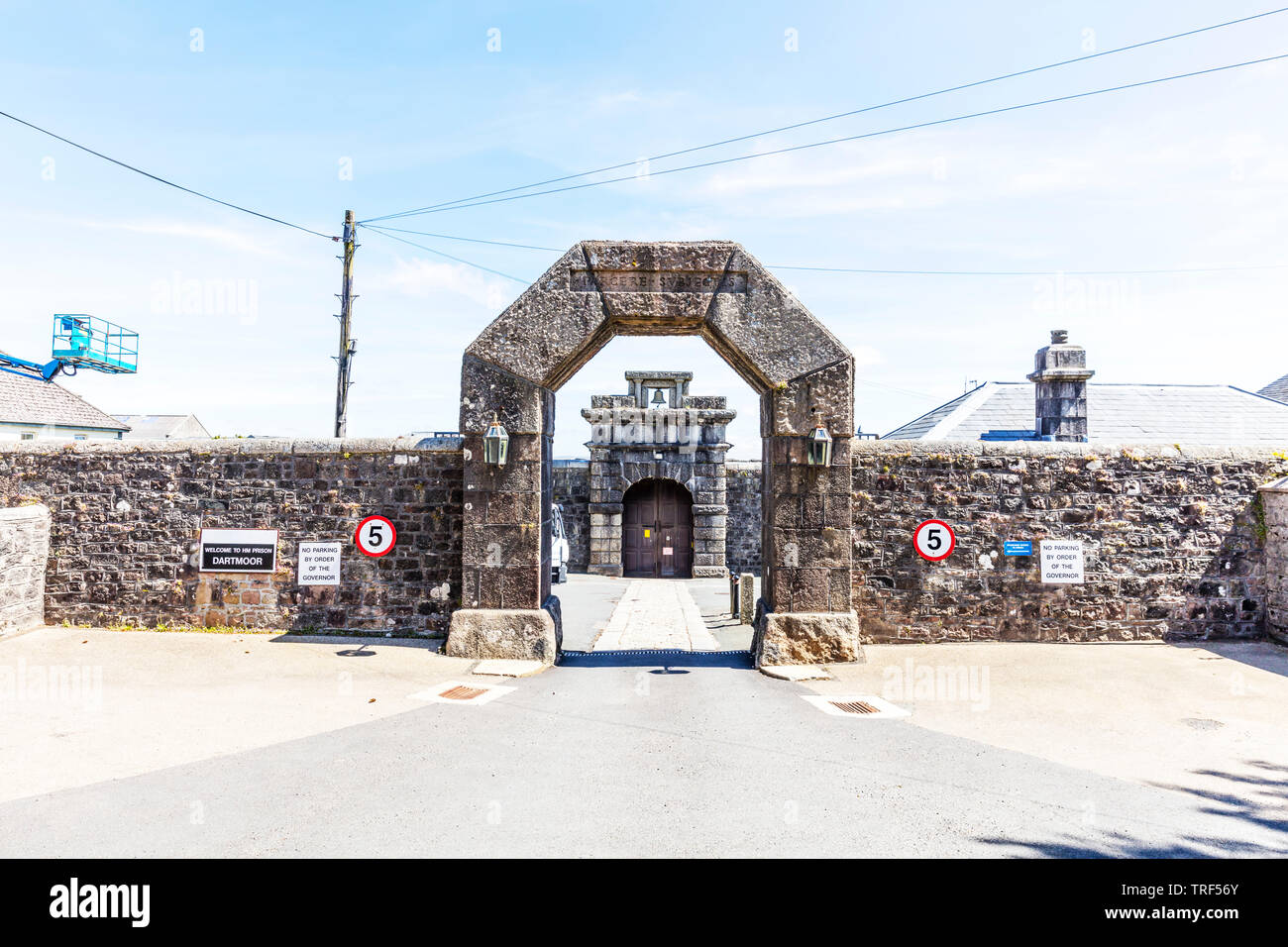 Princetown prison entrance, Dartmoor national park, HM Prison Dartmoor, Category C men's prison, Dartmoor, HMP Dartmoor, Devon, prison, prisons, UK, Stock Photo