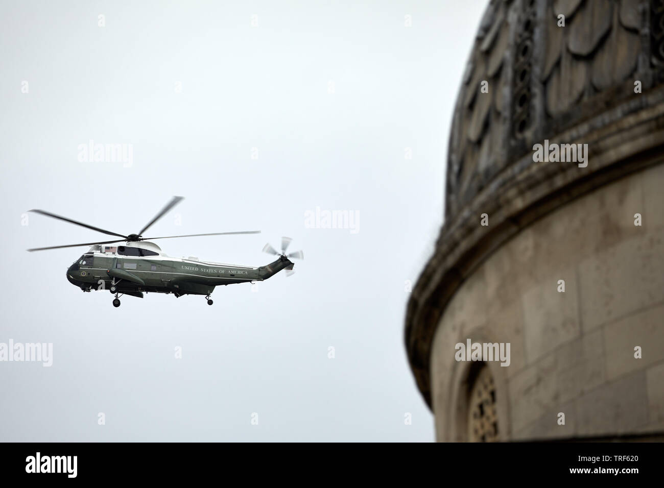 London, UK. - 4 June 2019: Marine One helicopter passing the dome of the National Gallery in Trafalgar Square during the visit of the US President Donald Trump to the UK. Stock Photo