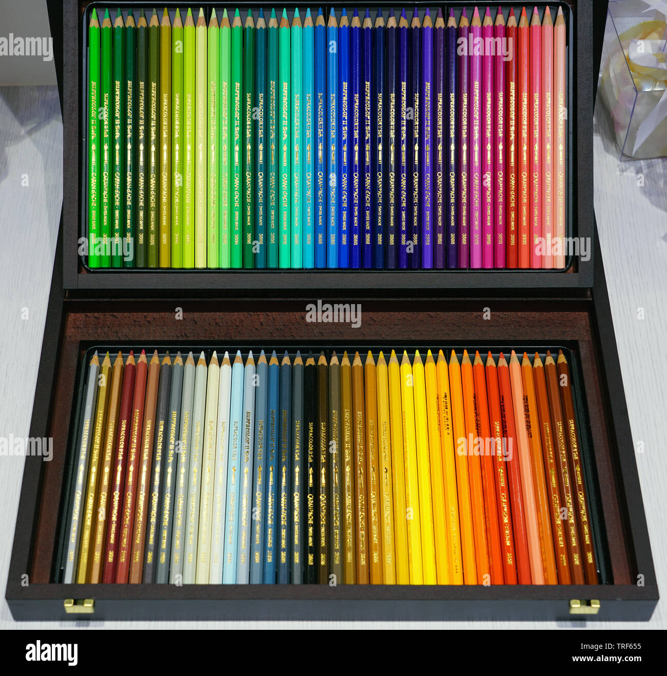 ZURICH, SWITZERLAND -25 MAY 2019- View of a box of assorted colored pencils  by Swiss artist supplies brand Caran d'Ache Stock Photo - Alamy