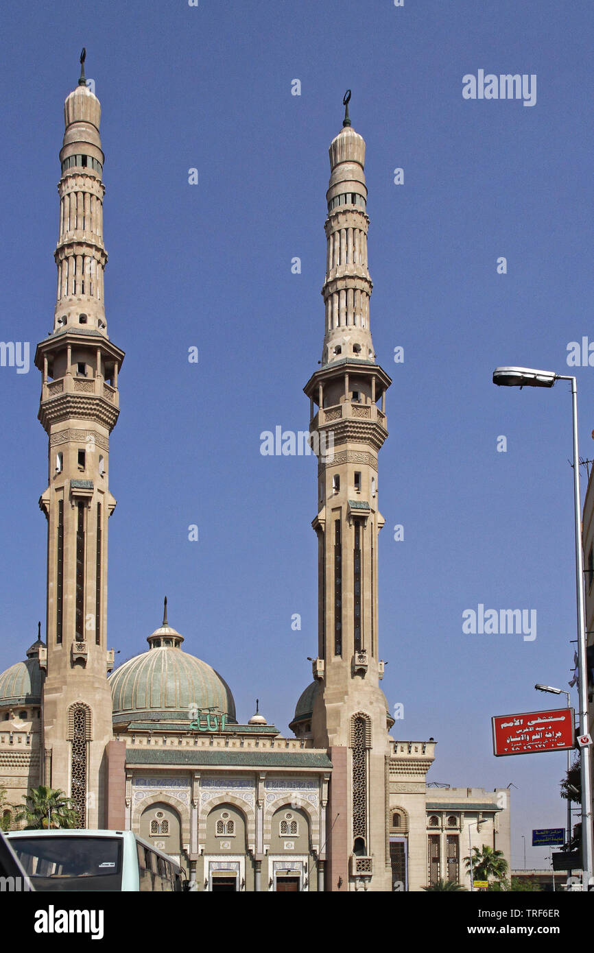 Cairo, Egypt - March 03, 2010: Two Tall Minarets at Al Nour Mosque in Cairo, Egypt. Stock Photo