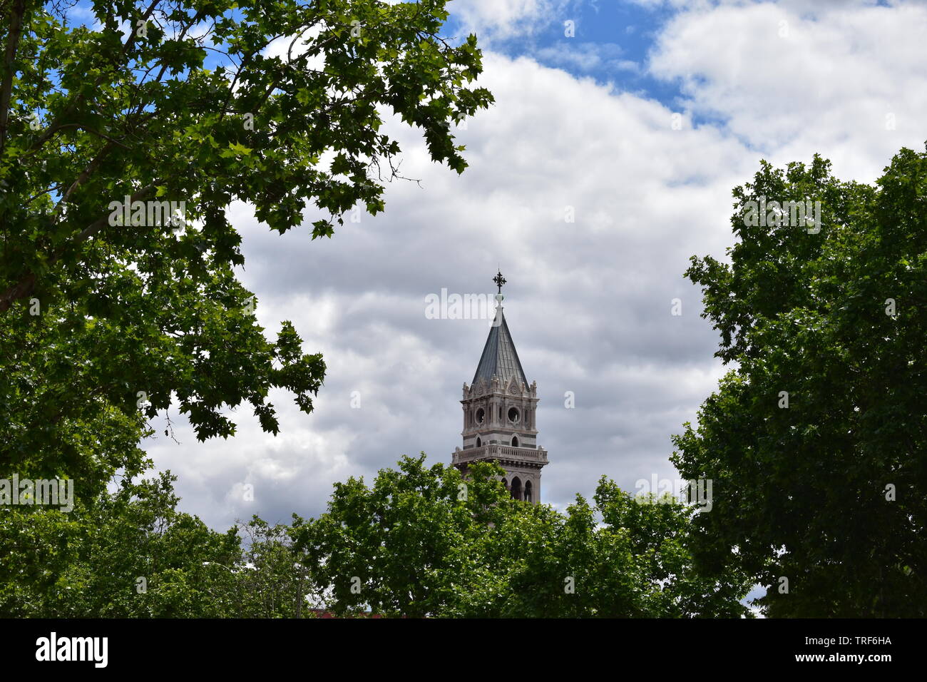 far view of the tower bell of the Royal Basilica of Our Lady of Atocha in Madrid Stock Photo