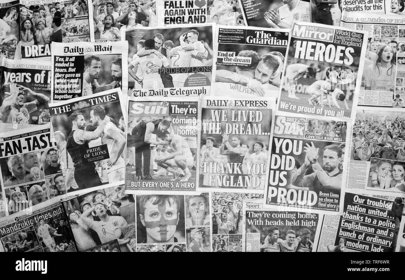 British newspaper front pages reporting on England's World Cup defeat after losing 2-1 in the semi-finals against Croatia. Stock Photo
