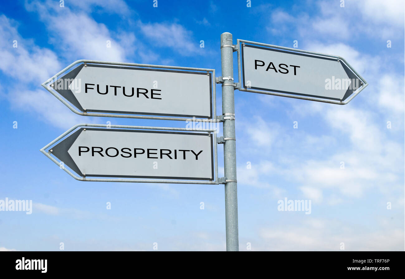 Road signs to future , prosperity, and past Stock Photo Alamy