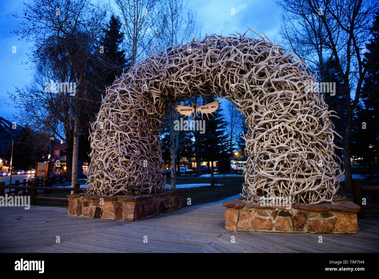 The antler arch in the western, USA town of Jackson, Wyoming, a popular tourist stop near both Teton's National Park, and Yellowstone National Park an Stock Photo