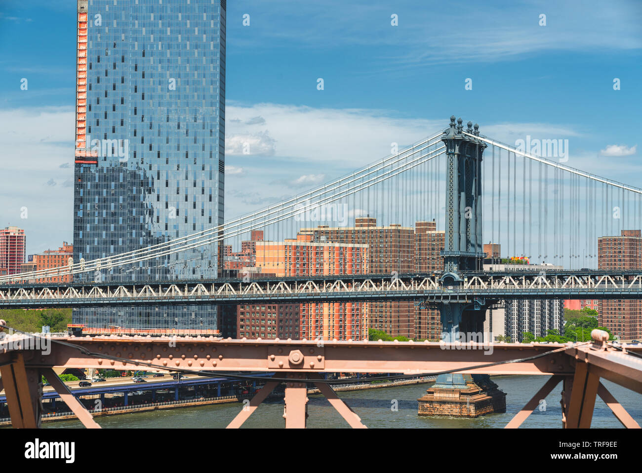 Manhattan Bridge and Manhattan Skyline view from Brooklyn Bridge, New York City Stock Photo