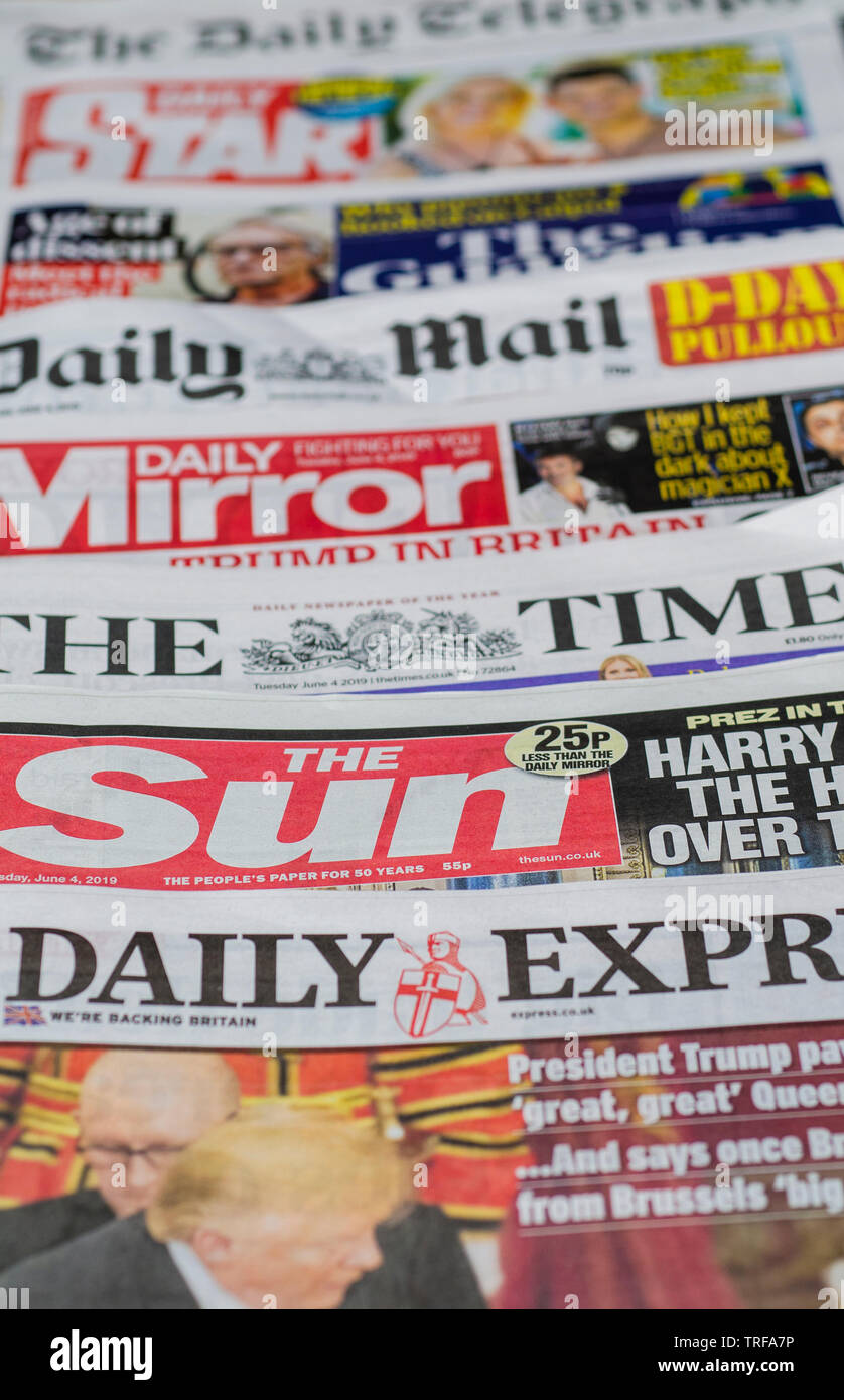 Pile of English Newspapers from the United Kingdom Stock Photo