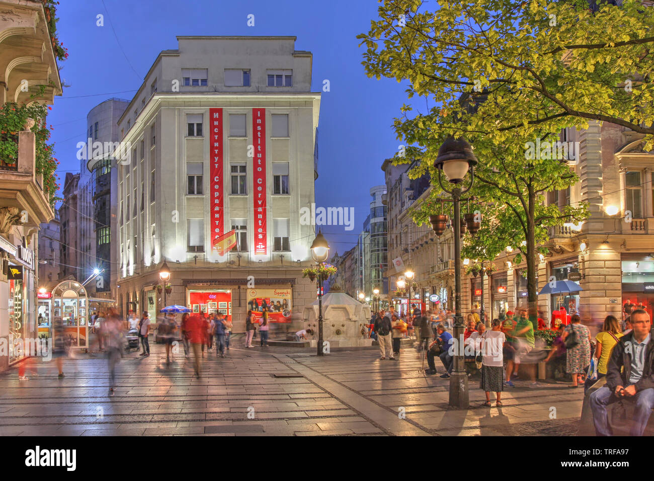 Belgrade, Serbia - September 9, 2016 - Night scene along the pedestrian street Knez Mihailova in downtown Belgrade, Serbia at sunset. Many of the city Stock Photo