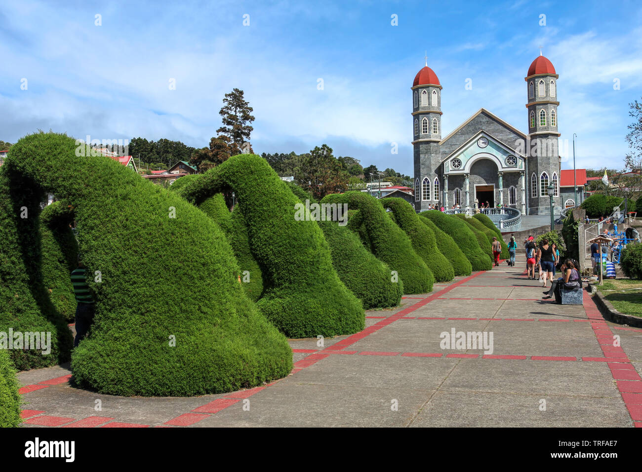 Francisco Alvardo Park and the Church of San Rafael in Zarcero, Costa Rica Stock Photo
