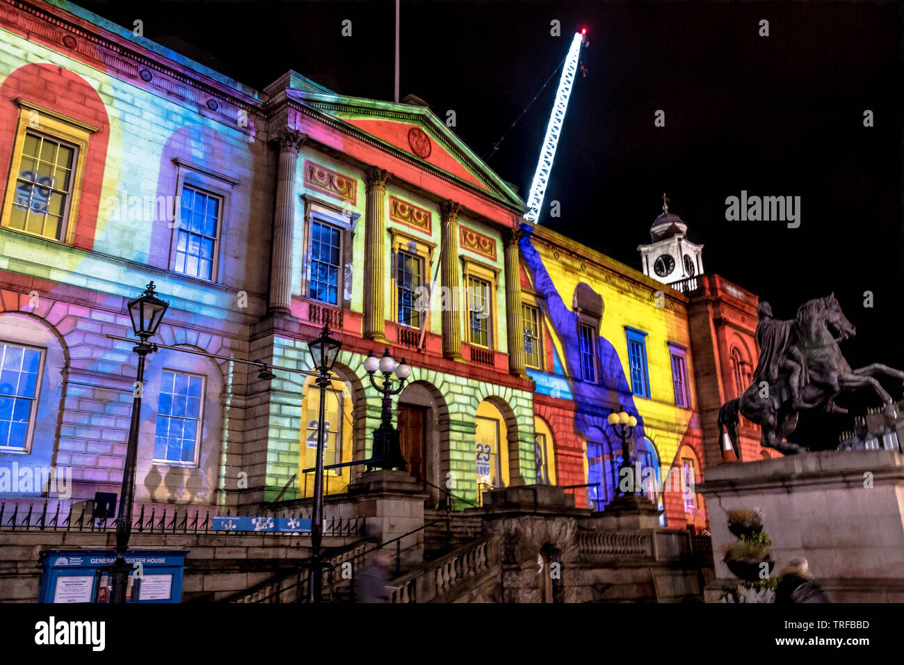 National Archive of Scotland building, Waterloo Place lit up at Hogmanay Stock Photo