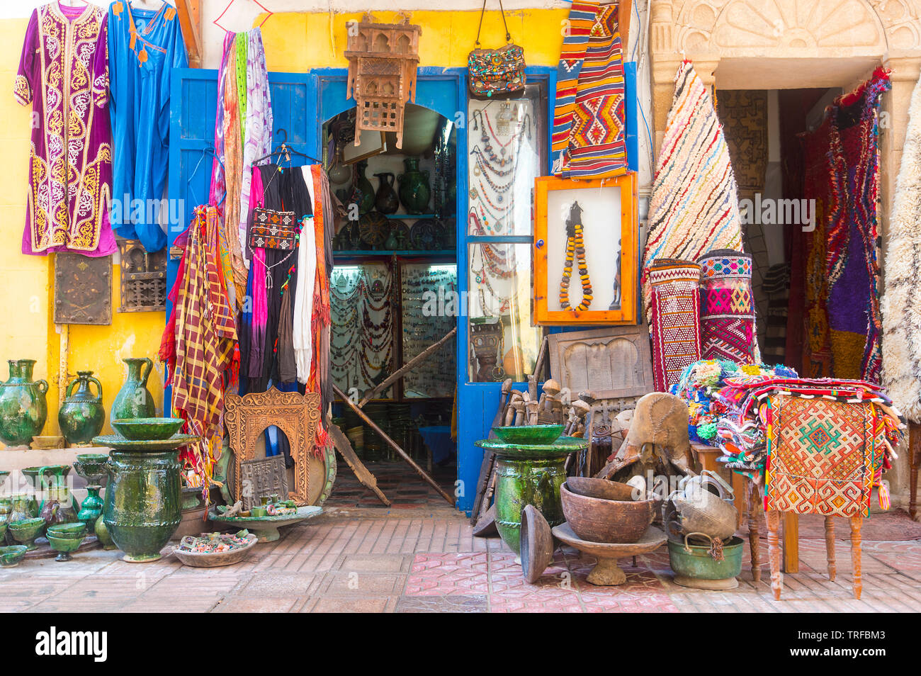 Traditional Moroccan street market or souk in the old part of Essaouira medina  in Morocco Stock Photo